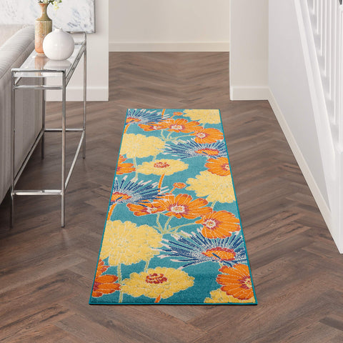 Nourison Allur Turquoise Multicolor 2'3" x 7'6" Area Rug, Modern, Floral, Bed Room, Living Room, Dining Room, Kitchen, Easy Cleaning, Non Shedding, (8' Runner)