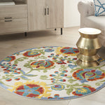 Nourison Aloha Indoor/Outdoor Ivory/Multi 5'3" x Round Area Rug, Easy Clean, Non Shedding, Bed Room, Living Room, Dining Room, Backyard, Deck, Patio (5 Round)