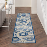 Nourison Aloha Indoor/Outdoor Blue/Grey 2'3" x 10' Area Rug, Floral, Contemporary, Easy-Cleaning, Non-Shedding, Bed Room, Living Room, Deck, Backyard, (10' x Runner)