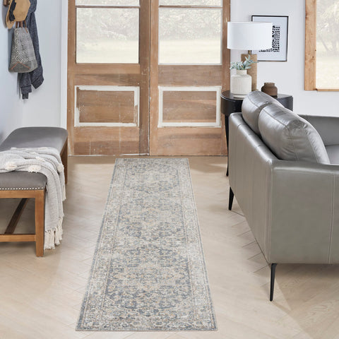 Nourison Astra Machine Washable 2'2" x 12' Grey/Blue Vintage Indoor Rug