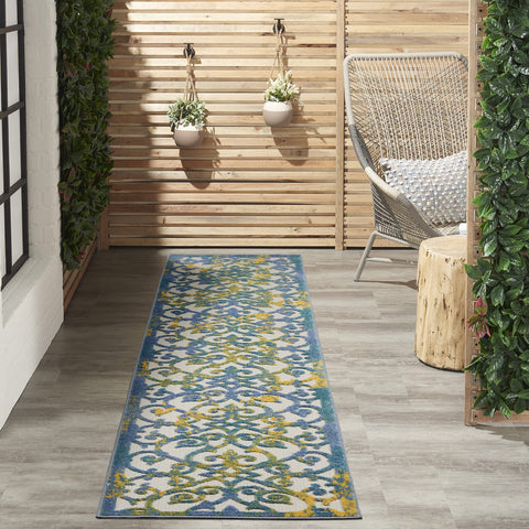 Nourison Aloha Indoor/Outdoor Ivory Blue 2'3" x 12' Area Rug, Transitional, French Country, Easy Cleaning, Non Shedding, Bed Room, Kitchen, Living Room, Deck, Backyard, (12' x Runner)