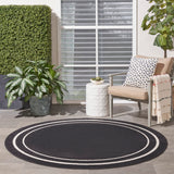 Nourison Essentials Indoor/Outdoor Solid Bordered Black Ivory 6' x Round Area Rug, Easy Cleaning, Non Shedding, Bed Room, Living Room, Dining Room, Backyard, Deck, Patio (6 Round)