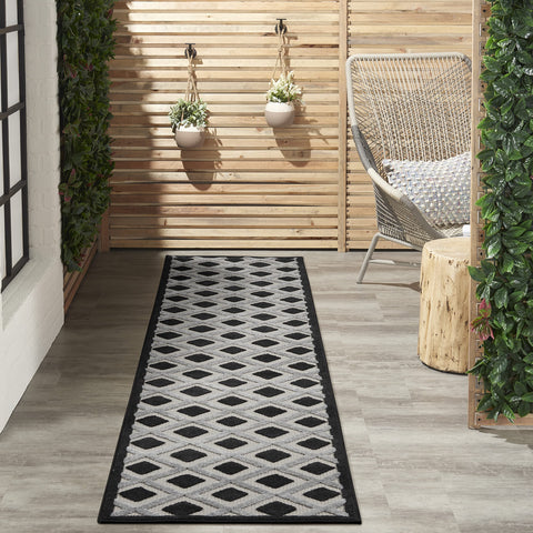 Nourison Aloha Geometric Indoor/Outdoor Black White 2'3" x 12' Area Rug, (12' Runner)
