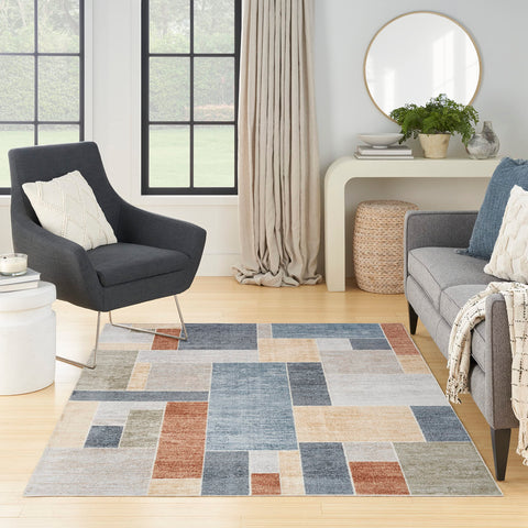 Nourison Astra Machine Washable Mid-Century Modern Ivory/Multi 5'3" x 7' Area Rug, Easy -Cleaning, Non Shedding, Bed Room, Living Room, Dining Room, Kitchen (5x7)