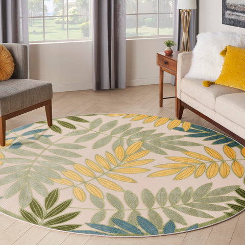 Nourison Aloha Indoor/Outdoor Green Multicolor 5'3" x Round Area Rug, Easy Cleaning, Non Shedding, Bed Room, Living Room, Dining Room, Backyard, Patio, Deck (5 Round)