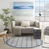 Nourison Garden Party Ivory Blue 5'3" x Round Area Rug, Traditional, Trellis, Bed Room, Living Room, Dining Room, Kitchen, Easy Cleaning, Non Shedding, (5' Round)