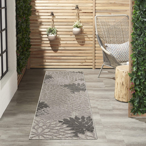 Nourison Aloha Indoor/Outdoor Floral Silver Grey 2' x 6' Area Rug, (6' Runner)