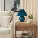 Nourison 13" Blue Ceramic Round Lamp with Pleated Shade for Bedroom, Living Room, Console, Entryway