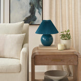 Nourison 13" Blue Ceramic Round Lamp with Pleated Shade for Bedroom, Living Room, Console, Entryway