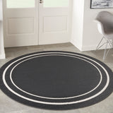 Nourison Essentials Indoor/Outdoor Solid Bordered Black Ivory 6' x Round Area Rug, Easy Cleaning, Non Shedding, Bed Room, Living Room, Dining Room, Backyard, Deck, Patio (6 Round)