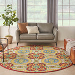 Nourison Aloha Indoor/Outdoor Red/Multi 7'10" x Round Area Rug, Easy Cleaning, Non Shedding, Bed Room, Living Room, Dining Room, Backyard, Deck, Patio, High-traffic Areas (8 Round)