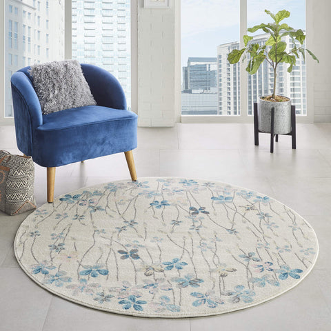 Nourison Tranquil Floral Ivory 5'3" x Round Area -Rug, Easy -Cleaning, Non Shedding, Bed Room, Living Room, Dining Room, Kitchen (5 Round)