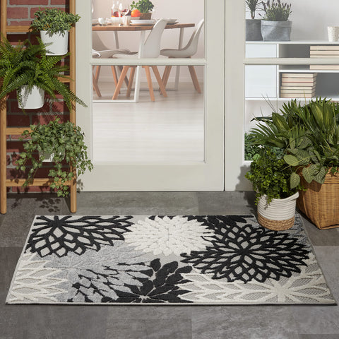 Nourison Aloha Indoor/Outdoor Black White 2'8" x 4' Area Rug, Tropical, Botanical, Easy Cleaning, Non Shedding, Bed Room, Living Room, Dining Room, Deck, Backyard, Patio (3x4)