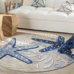Nourison Aloha Indoor/Outdoor Blue/Grey 4' x Round Area Rug, Coastal, Tropical, Easy Cleaning, Non Shedding, Bed Room, Living Room, Deck, Backyard, (4' Round)