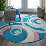 Nourison Grafix Geometric Blue Multi Colored 5'3" x Round Area-Rug, Easy-Cleaning, Non Shedding, Bed Room, Living Room, Dining Room, Kitchen (5 Round)