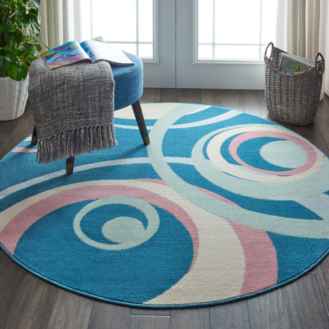 Nourison Grafix Geometric Blue Multi Colored 5'3" x Round Area-Rug, Easy-Cleaning, Non Shedding, Bed Room, Living Room, Dining Room, Kitchen (5 Round)