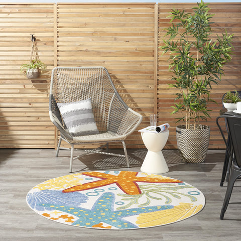 Nourison Aloha Indoor/Outdoor Multicolor 4' x Round Area Rug, Coastal, Tropical, Easy Cleaning, Non Shedding, Bed Room, Living Room, Deck, Backyard, (4' Round)