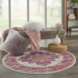 Nourison Passion Ivory/Fuchsia 5'3'' x Round Area--rug, Boho, Traditional, Easy--cleaning, Non Shedding, Bed Room, Living Room, Hallway, (5' Round)
