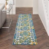 Nourison Aloha Indoor/Outdoor Ivory Blue 2'3" x 10' Area Rug, Transitional, French Country, Easy Cleaning, Non Shedding, Bed Room, Kitchen, Living Room, Deck, Backyard, (10' x Runner)