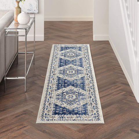 Nourison Cyrus Bohemian Ivory Blue 2'2" x 7'6" Area -Rug, Easy -Cleaning, Non Shedding, Bed Room, Living Room, Dining Room, Kitchen (2x8)