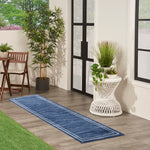 Nourison Essentials Indoor/Outdoor Solid Bordered Navy/Ivory 2'2" x 7'6 Area Rug, Easy Cleaning, Non Shedding, Bed Room, Living Room, Dining Room, Backyard, Deck, Patio (2x8)