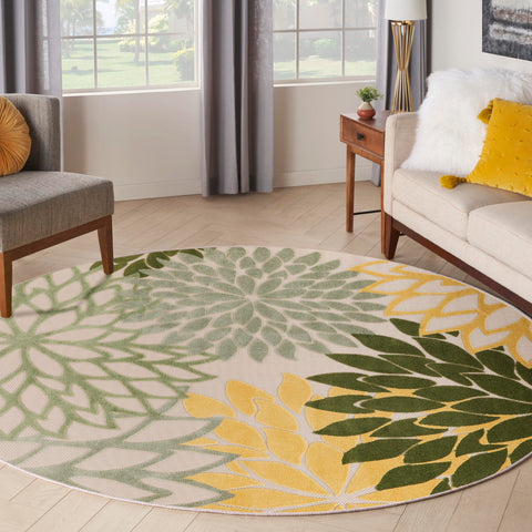 Nourison Aloha Indoor/Outdoor Green Multicolor 5'3" x Round Area Rug, Easy Cleaning, Non-Shedding, Bed Room, Living Room, Dining Room, Backyard, Patio, Deck (5 Round)