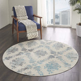 Nourison Tranquil Damask Ivory/Turquoise 5'3" x Round Area Rug, Easy Cleaning, Non Shedding, Bed Room, Living Room, Dining Room, Kitchen (5 Round)