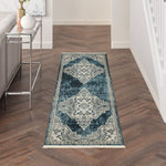 Nourison Geneva Blue/Grey 2'2" x 7'6" Area Rug, Traditional, French Country, Easy Cleaning, Non Shedding, Bed Room, Living Room, Dining Room, Kitchen, (8' x Runner)