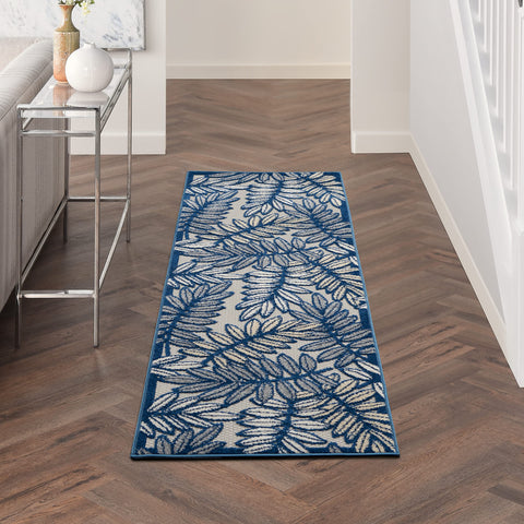 Nourison Aloha Indoor/Outdoor Ivory/Navy 2'3" x 8' Area Rug, Easy Cleaning, Non Shedding, Bed Room, Living Room, Dining Room, Backyard, Deck, Patio (2x8)
