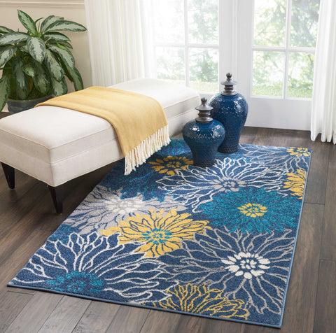 Nourison Passion Blue 3'9" x 5'9" Area Rug, Floral, Farmhouse, Easy Clean, Non Shedding, Bed Room, Living Room, Dining Room, Kitchen, (4' x 6')