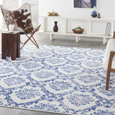 Nourison Whimsicle Damask Ivory Navy 7' x 10' Area Rug, Easy Cleaning, Non Shedding, Bed Room, Living Room, Dining Room, Kitchen (7x10)