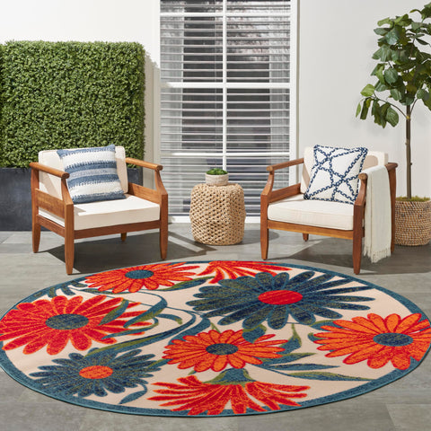 Nourison Aloha Indoor-Outdoor Ivory Multicolor 5'3" x Round Area Rug, Easy-Cleaning, Non Shedding, Bed Room, Living Room, Dining Room, Backyard, Deck, Patio (5 Round)