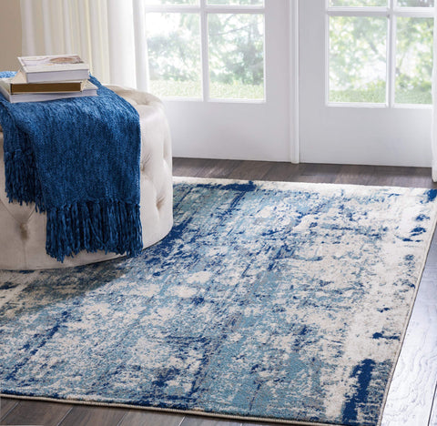Nourison Maxell Contemporary Ivory/Blue 2'2" x 7'6" Area -Rug, Easy -Cleaning, Non Shedding, Bed Room, Living Room, Dining Room, Kitchen (2x8)