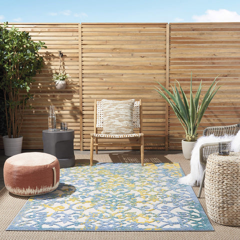 Nourison Aloha Indoor/Outdoor Ivory Blue 5'3" x 7'5" Area Rug, Transitional, French Country, Easy Cleaning, Non Shedding, Bed Room, Kitchen, Living Room, Deck, Backyard, (5' x 7')