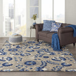 Nourison Aloha Indoor/Outdoor Natural/Blue 9'6" x 13' Area Rug, Easy Cleaning, Non Shedding, Bed Room, Living Room, Dining Room, Backyard, Deck, Patio (10x13)