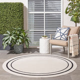 Nourison Essentials Indoor/Outdoor Solid Bordered Ivory/Black 6' x Round Area Rug, Easy Cleaning, Non Shedding, Bed Room, Living Room, Dining Room, Backyard, Deck, Patio (6 Round)
