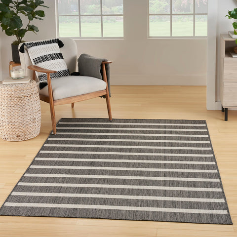 Nourison Positano 4' x 6' Indoor/Outdoor Charcoal Striped Area Rug, Easy-Cleaning, Non-Shedding, Coastal Style, Living Room, Dining Room, Deck, Patio