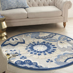 Nourison Aloha Indoor/Outdoor Blue/Grey 4' x Round Area Rug, Floral, Contemporary, Easy-Cleaning, Non-Shedding, Bed Room, Living Room, Deck, Backyard, (4' Round)