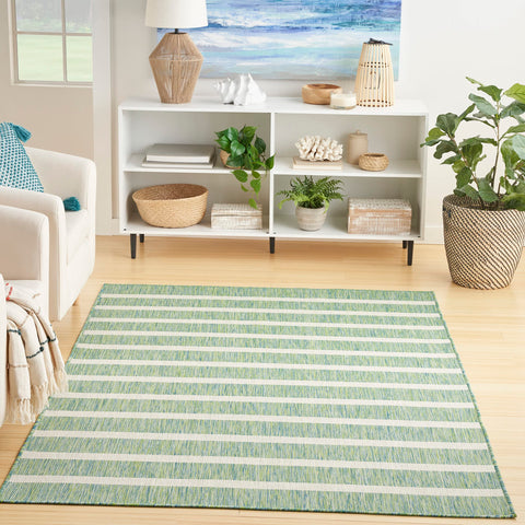 Nourison Positano 4' x 6' Area Rug, Blue Green Ivory, Striped, Modern, Easy Cleaning, Non Shedding, Indoor/Outdoor, Bedroom, Living Room, Dining Room, Deck, Patio