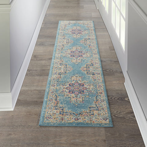 Nourison Passion Light Blue 2'2" x 7'6" Area Rug, Boho, Traditional, Easy Clean, Non Shedding, Bed Room, Living Room, Hallway, (8' Runner)
