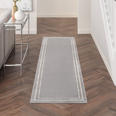 Nourison Essentials Indoor/Outdoor Solid Bordered Grey/Ivory 2'2" x 7'6 Area Rug, Easy Cleaning, Non Shedding, Bed Room, Living Room, Dining Room, Backyard, Deck, Patio (2x8)