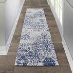 Nourison Damask Vintage Ivory/Navy 2'3" x 7'6" Area Rug, Easy Cleaning, Non Shedding, Bed Room, Living Room, Dining Room, Kitchen (2x7)
