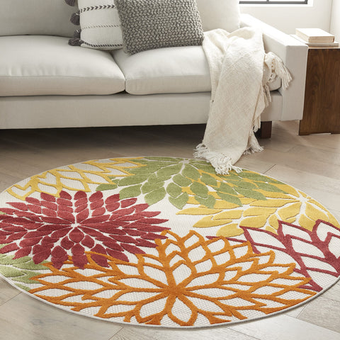 Nourison Aloha Indoor/Outdoor Red Multi Colored 5'3" x Round Area Rug, Tropical, Botanical, Easy Cleaning, Non Shedding, Bed Room, Living Room, Dining Room, Deck, Backyard, Patio (5 Round)