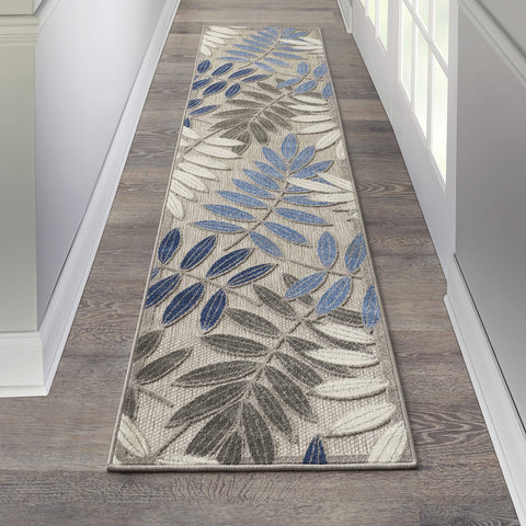 Nourison Aloha Indoor/Outdoor Grey/Blue 2'3" x 10' Area Rug, Easy Cleaning, Non Shedding, Bed Room, Living Room, Dining Room, Backyard, Deck, Patio (2x10)