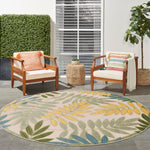 Nourison Aloha Indoor/Outdoor Green Multicolor 5'3" x Round Area Rug, Easy Cleaning, Non Shedding, Bed Room, Living Room, Dining Room, Backyard, Patio, Deck (5 Round)