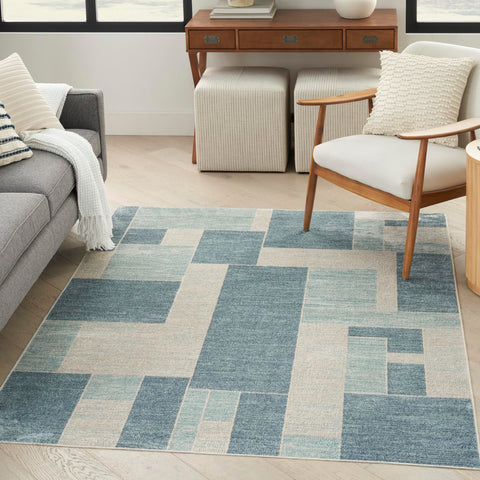 Nourison Astra Machine Washable Geometric Blue Ivory 4' x 6' Area -Rug, Easy -Cleaning, Non Shedding, Bed Room, Living Room, Dining Room, Kitchen (4x6)