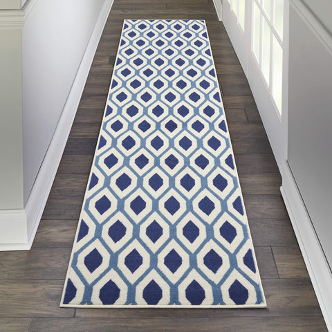 Nourison Grafix Mid-century White/Navy 2'3" x 7'6" Area -Rug, Easy -Cleaning, Non Shedding, Bed Room, Living Room, Dining Room, Kitchen (2x7)