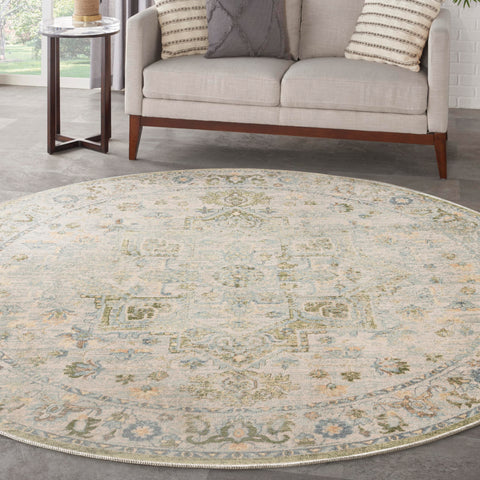 Nourison Astra Machine Washable Blue Green 5'3" x Round Area Rug, Easy Clean, Non Shedding, Bed Room, Living Room, Dining Room, Kitchen (5' Round)