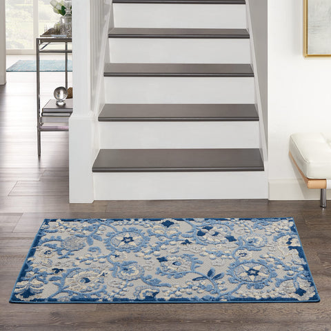 Nourison Aloha Indoor/Outdoor Blue/Grey 3' x 5' Area Rug, Easy Cleaning, Non Shedding, Bed Room, Living Room, Dining Room, Backyard, Deck, Patio (3x5)