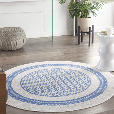 Nourison Whimsicle Geometric Ivory Blue 5' x Round Area Rug, Easy Cleaning, Non Shedding, Bed Room, Living Room, Dining Room, Kitchen (5 Round)